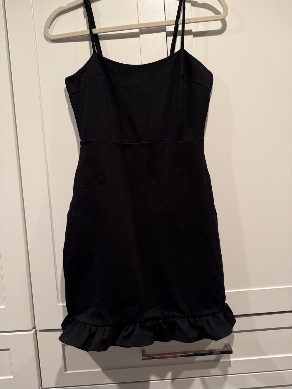 Classic Black Body Con Spaghetti Strap Mini Dress with Ruffle Hem